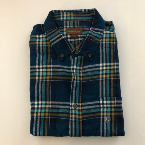 🛒 $15 NORTHWEST TERRITORY Blue Button Up Flannel Plaid Long Sleeve NWT - Picture 2 of 4